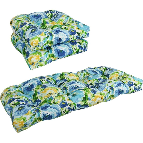 Blazing Needles Outdoor Rounded Back Settee Cushion Set, Lesandra Sunblue 3 Count