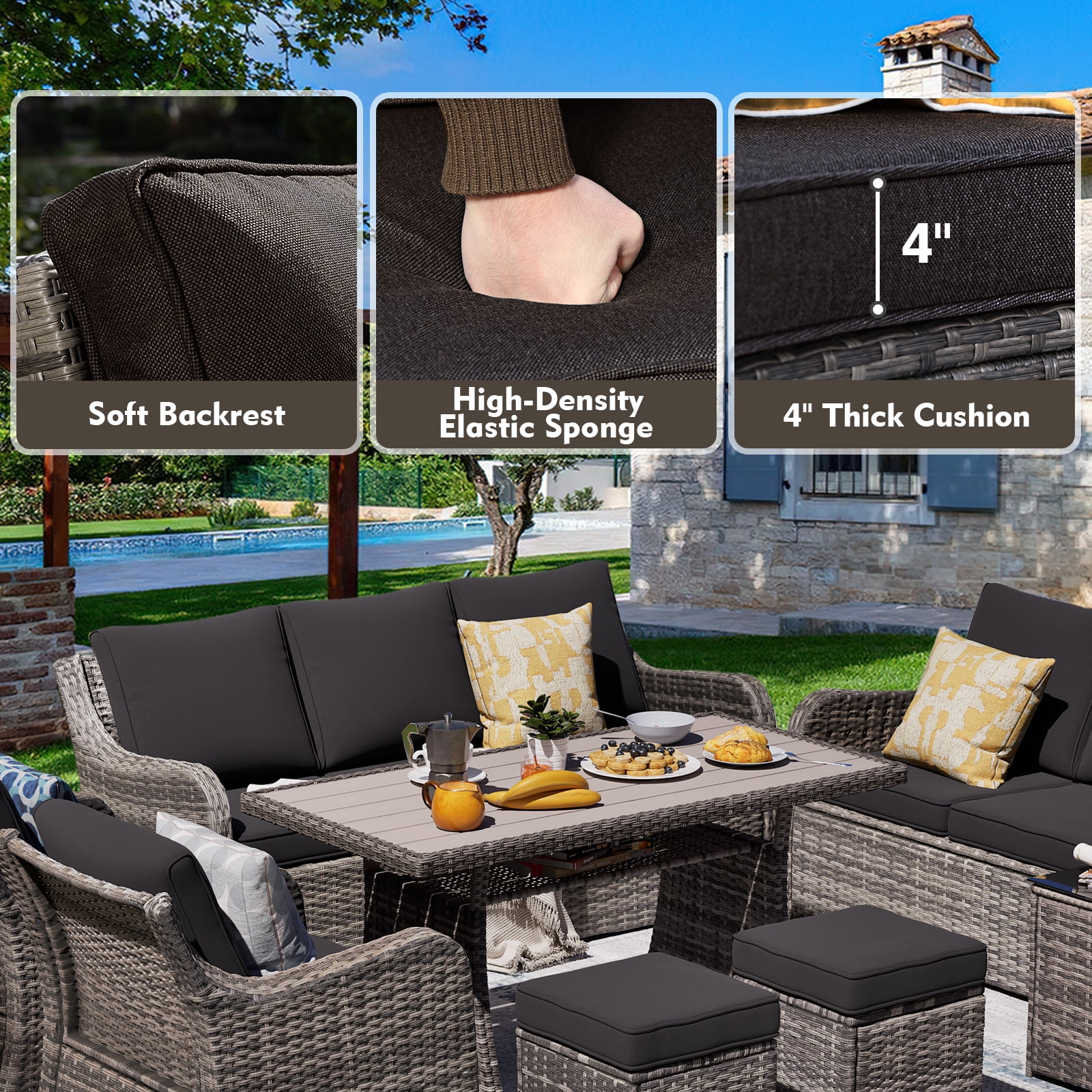 MEISSALIVVE 8 Pieces Patio Furniture Set with Dining Table, Outdoor Wicker Conversation Set with 3-Seat & 2-Seat Sofas, Wicker Armrest Swivel Chairs, 2 Ottomans, Black