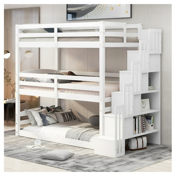Twin Triple Bunk Bed w/Storage Staircase, Separate Design, White
