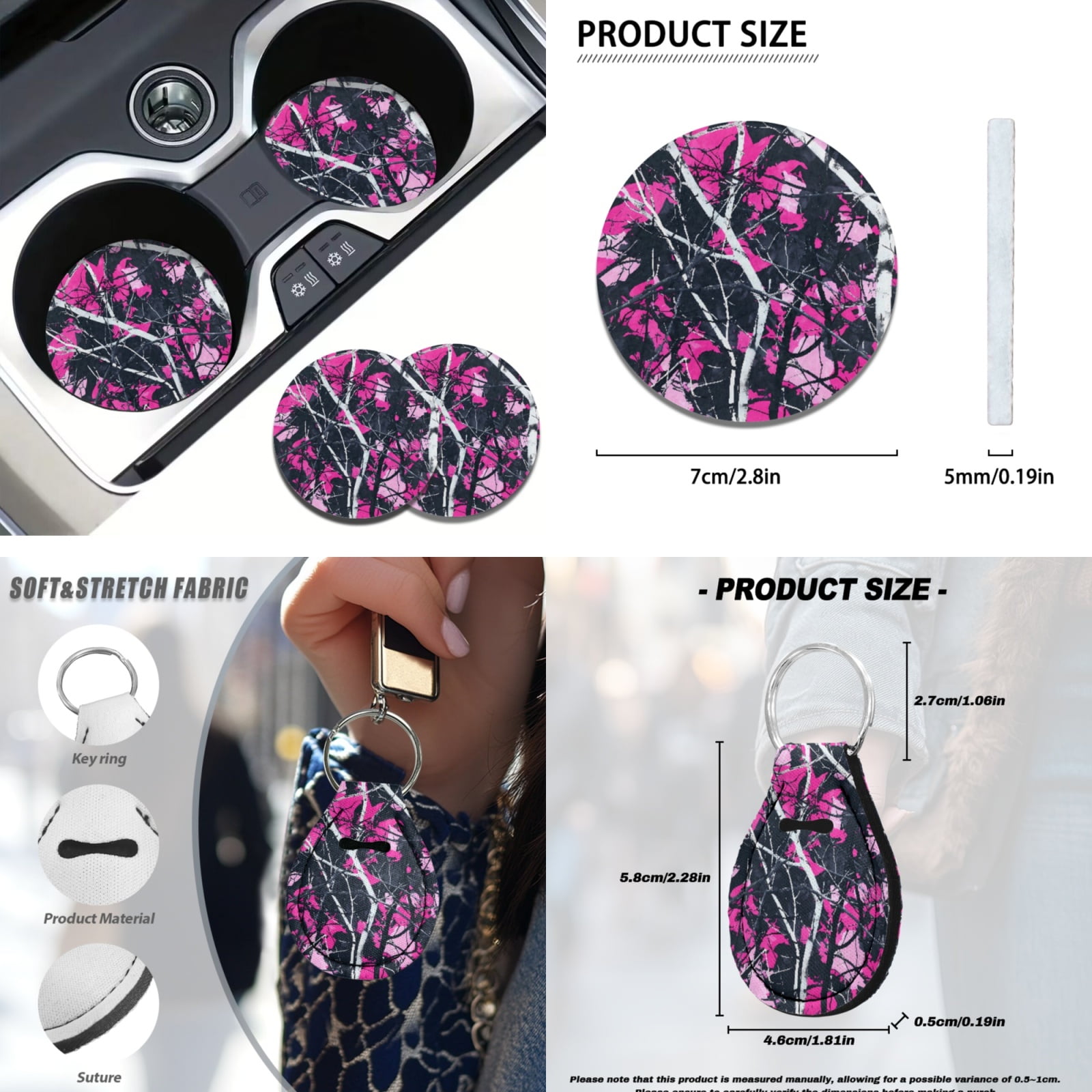 Yuyamidu Camo Hunting Car Seat Cover Set 12 PCS Pink Wood Steering Wheel Cover Seat Belt Pads Coasters Key Chain Lip Balm Holder Keychain Universal Fit