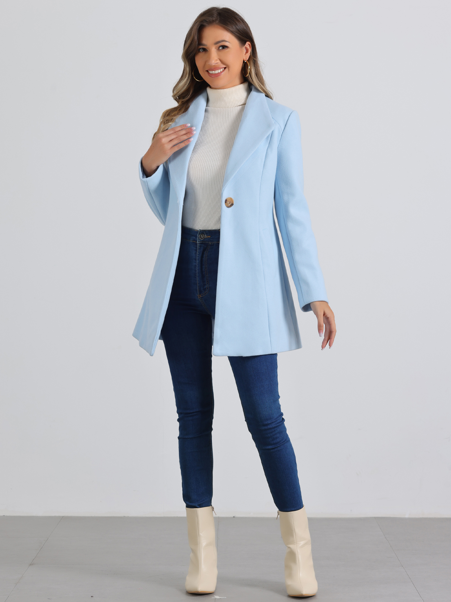 DARING DIVA Women's Turn Down Collar Buttoned Casual Mid-Long Winter Coat Light Blue L