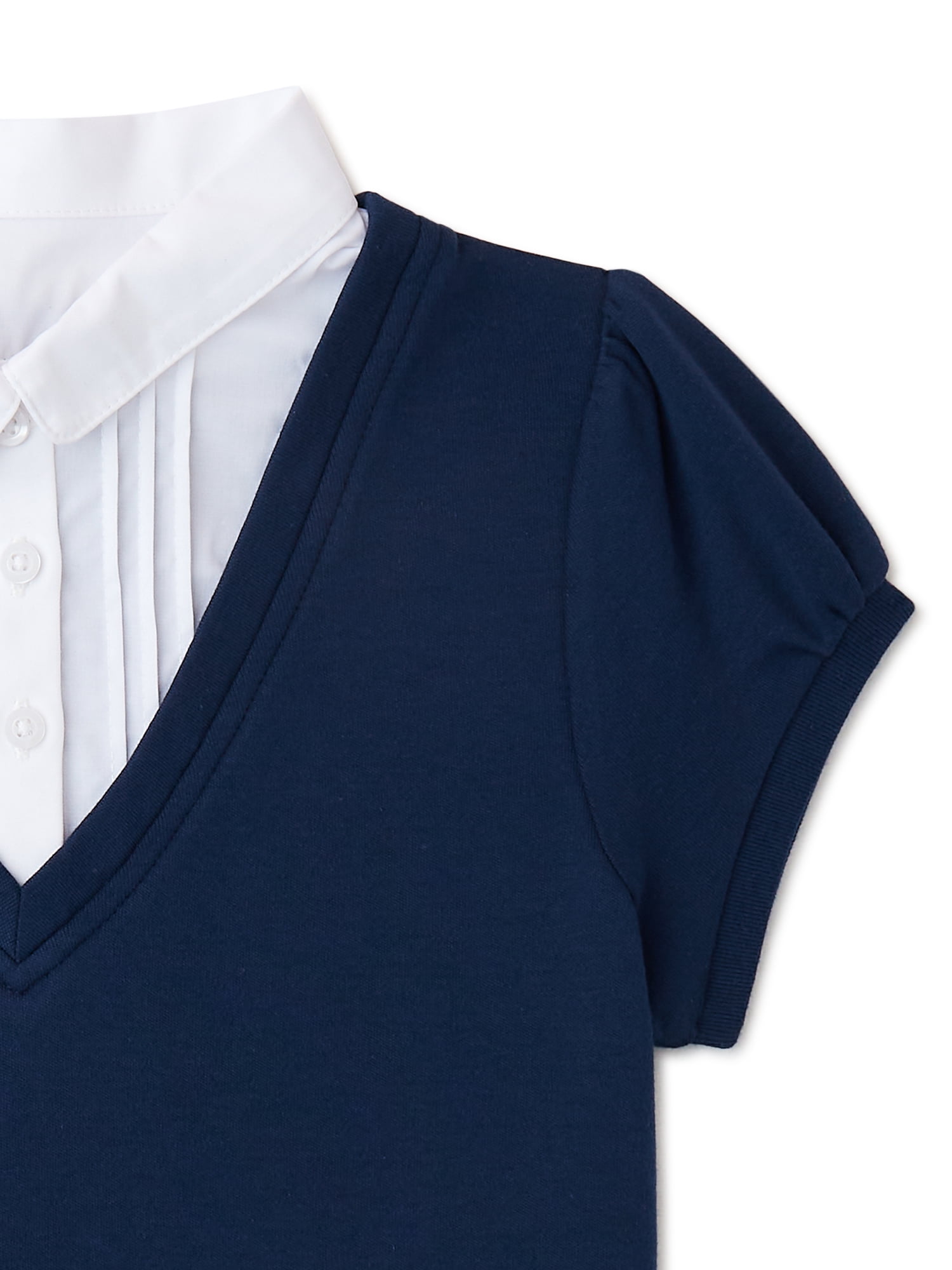 Wonder Nation Girls School Uniform V-Neck Sweater with Blouse Inset, Sizes 4-18