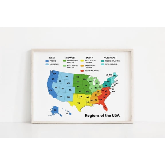 Regions of the USA Poster United States Map Geography Classroom Educational, Unframed Paper Poster 8x10in