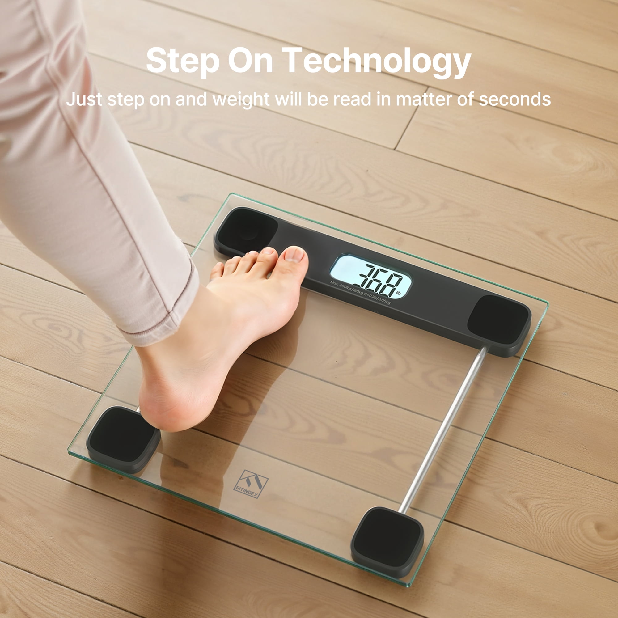 FITINDEX Scale for Body Weight, Highly Accurate Digital Weight Scale with LCD Display, Anti-Slip, Glass, 400 lb