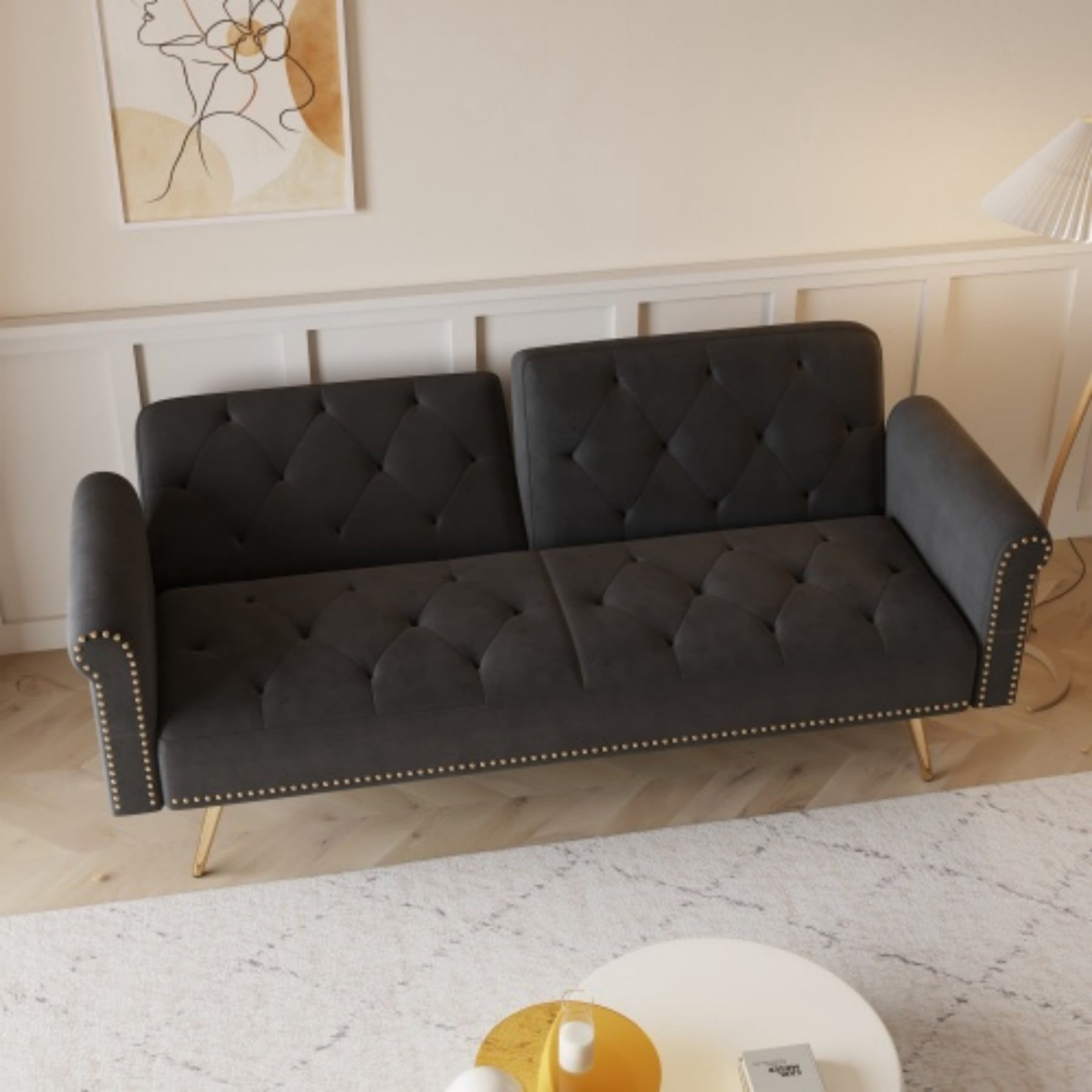 Velvet Sofa Bed, 69.7" Convertible Sleeper Sofa with Nailhead Trim & Pillow for Living Room Bedroom, Black