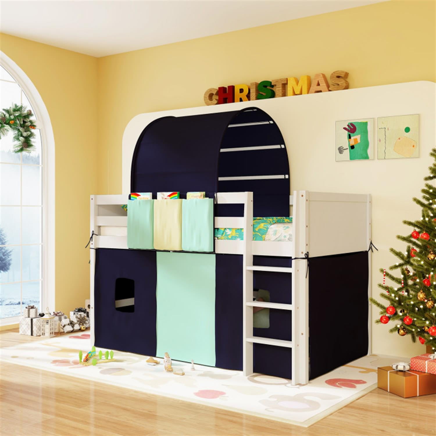 Demi Bonn Loft Bed Twin Size, Solid Wood Low Loft Bed with Tower Tent and 3 Storage Pockets, Modern Wooden Bed Frame, Blue