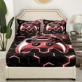 thumbnail image 3 of Game Console Bed Sheets Teen Brick Red Gamer Fitted Sheet Gaming Room Decor, Neon Color Geometric Honeycomb Bed Set Gamer Gifts Sheets Full 3Pcs - 1 Fitted Sheet 2 Pillowcases, 3 of 4