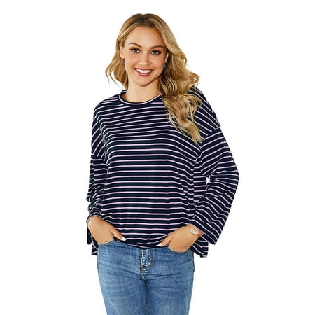 Sexy Dance Womens Stripe Long Sleeve Casual Loose Top T-Shirt Ladies Round Neck Blouse Shirt Work Out Holiday Tops
