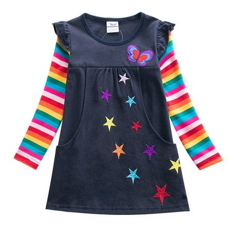 

DNDKILG Baby Toddler Girls Spring Rainbow Dresses Sundress Long Sleeve Dress Dark Blue 3Y-8Y 122