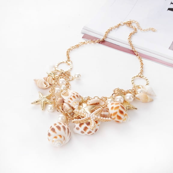 Opvise Women's Ocean Sea Shell Faux Pearl Starfish Layered Statement Necklace Jewelry