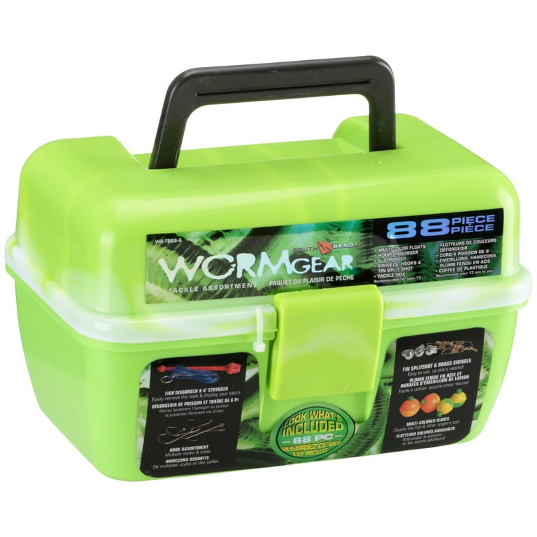 88 Piece Worm Gear Green 1-Tray Tackle Box Complete Starter Kit for  Beginners