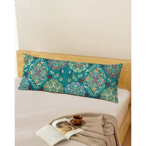 Abstract Floral Boho Throw Pillow Cover, Vintage Plant Leaves Teal Rectangle Decorative Pillow Case Protector Soft Cushion Cover Lumbar Pillowcase for Couch Sofa Bedroom Car Chair Decor 20x54 Inch