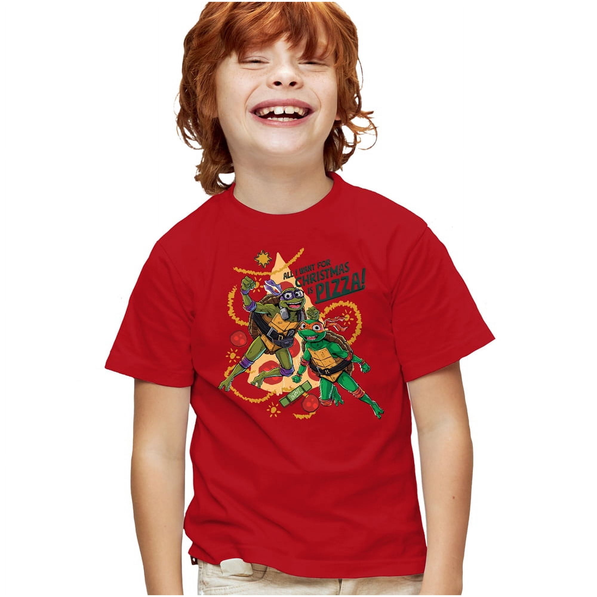TMNT: Mutant Mayhem Christmas Pizza Michelangelo Donatello Kids T Shirt for Youth Boys and Girls, Red, Small
