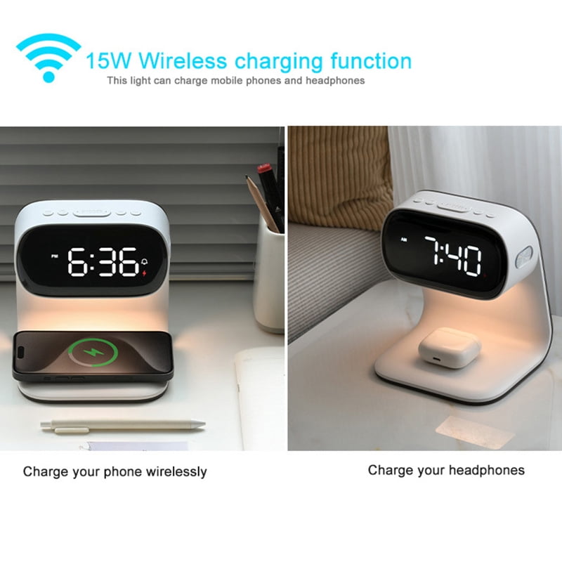 Digital Alarm Clock with Wireless Fast Charging Station 15W Touch Smart Bedside Lamp, 3-Color Night Light for Living Room, Bedside, Heavy Sleepers (White + No Adapter), Home Holiday Gift