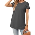 thumbnail image 5 of Women's Round Neck Solid Color T-Shirt Side Slit Casual Short-Sleeved Summer Sports Tunic Top, 5 of 6
