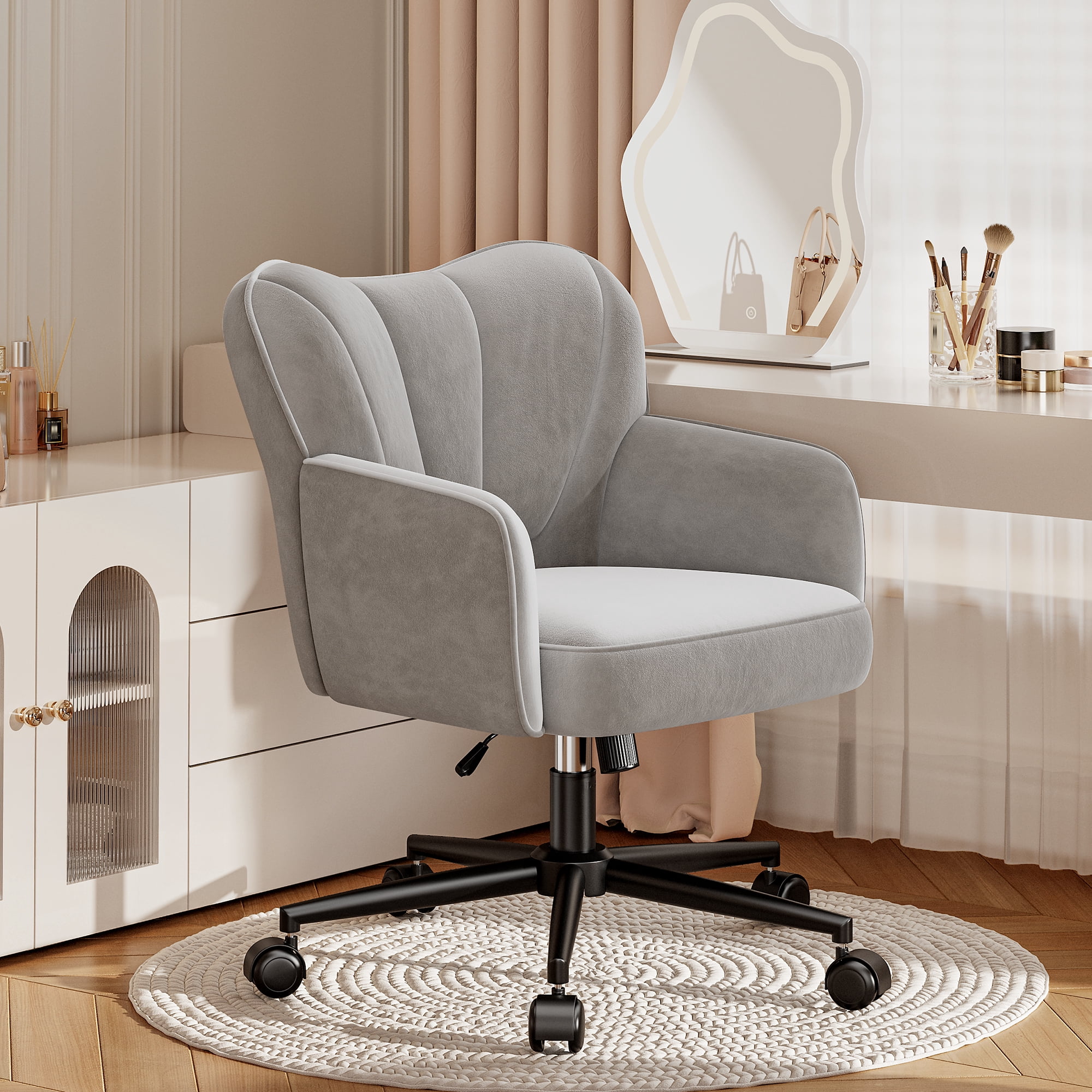 Romorgniz Vanity Chair with Wheels & Back Desk Chair Adjustable Height for Makeup, Work & Relaxation, Gray