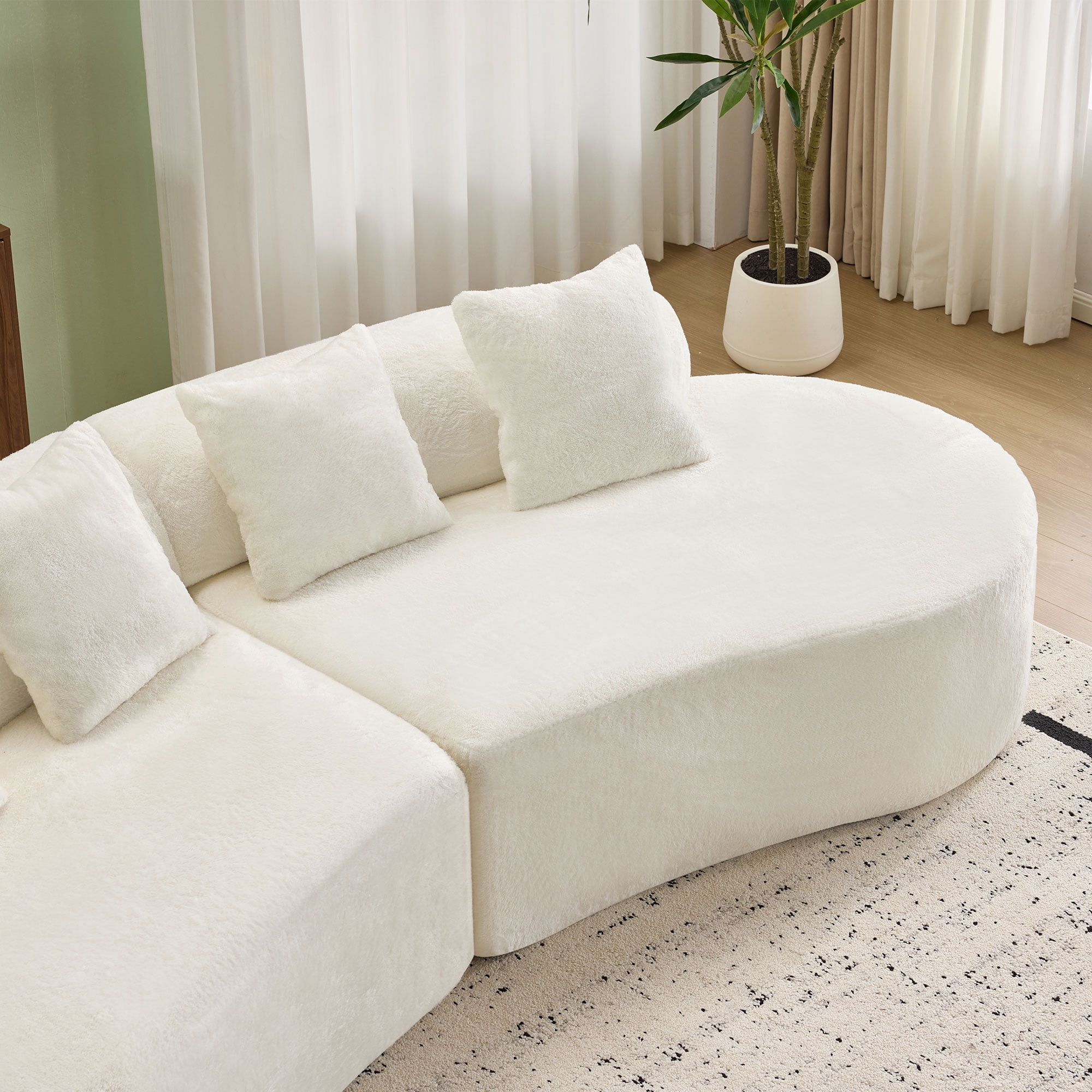 Modular Sofa, White Curved Plush Sectional with Foam Spring Support, 111-Inch Multi-Seat Sleeper for Living Room and Small Spaces