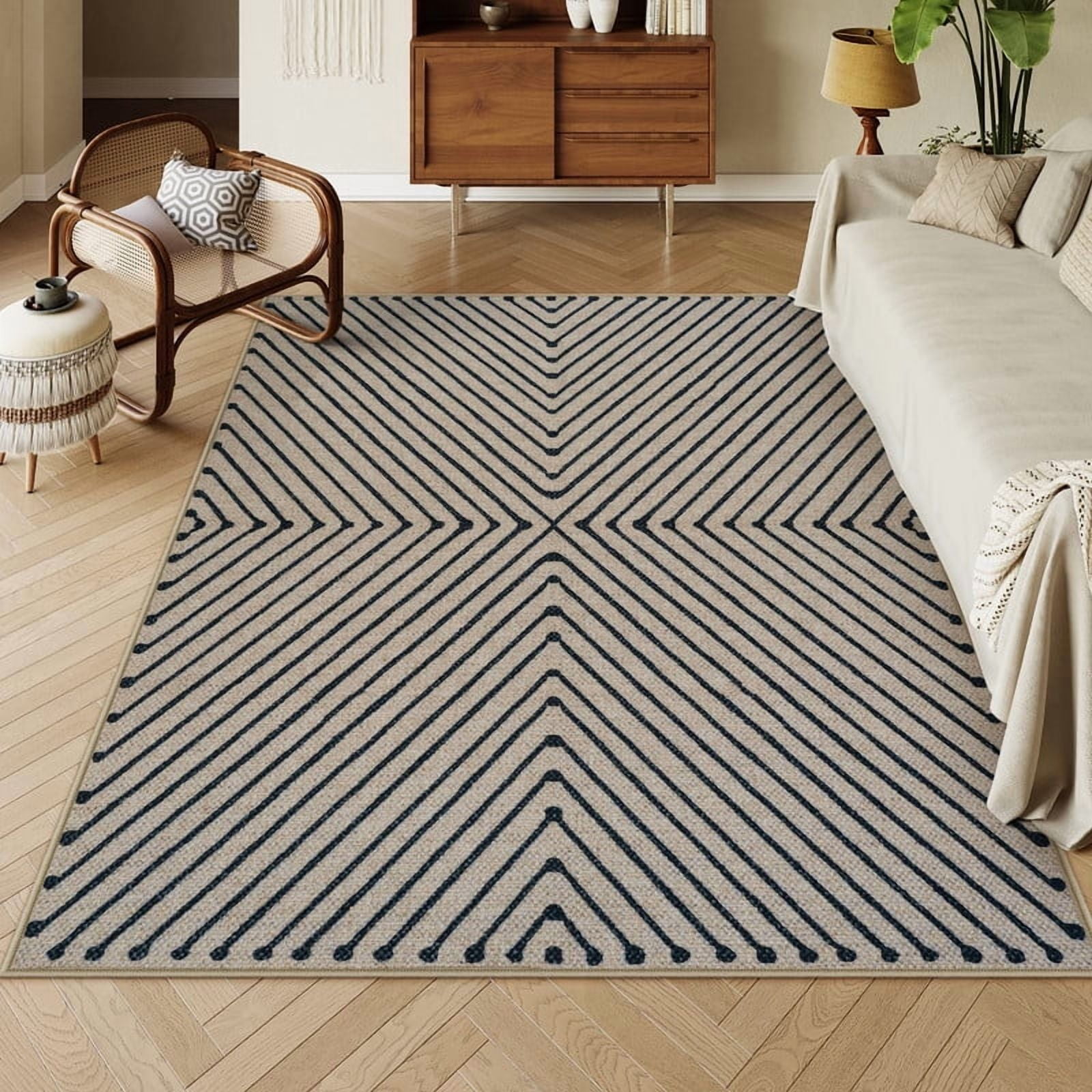 5x7 Easy Jute Area Rugs for Living Room, Modern Geometric Large Carpet Washable Non Slip Checkered Outdoor Rug, Black/Neutral Farmhouse Dining Room Carpets for Bedroom Dorm Outside Patio
