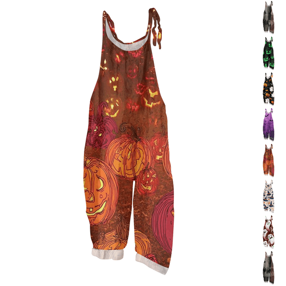 Halloween Jumpsuits for Women Spaghetti Strap Overalls Floral Print Loose Sleeveless Linen Romper
