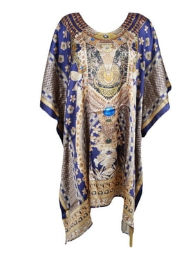 Mogul Women Blue Short Kaftan Jewel Print Round Neck Loose Cover UP Comfy Tunic Caftan Dress One Size
