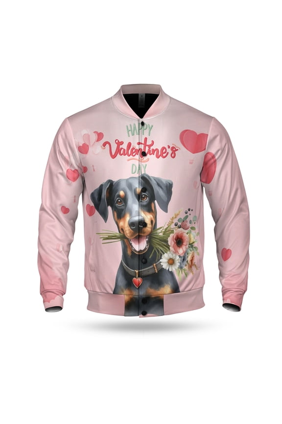 Happy Valentine's Day Doberman Pinscher holding flowers All Over Print 3D Baseball Jacket Doberman Dog Lover Gifts Bomber Jacket Softball - 3005