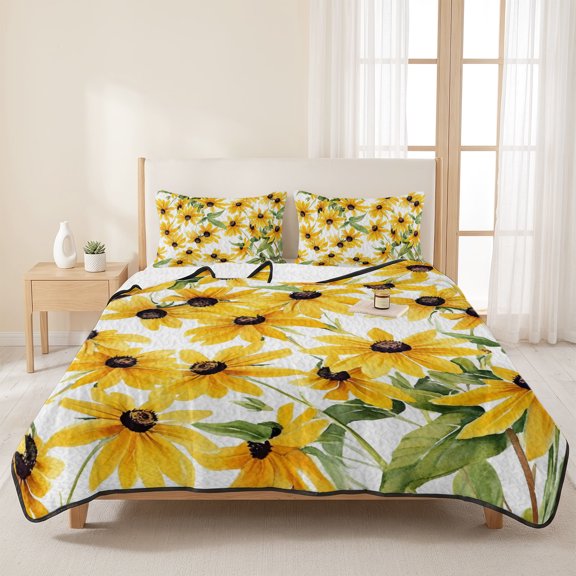 3 Pieces Queen Quilt Set,Watercolor Farm Sunflowers Soft Bedding Sets with 1 Quilt & 2 Pillow Shams,Country Plants Art Summer Bedspread Lightweight Coverlet Comforter