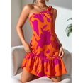 thumbnail image 6 of Women'S One Shoulder Leaf Print Self-Tie Short Dress Sleeveless Tiered Hem Formal Dress Red L, 6 of 9