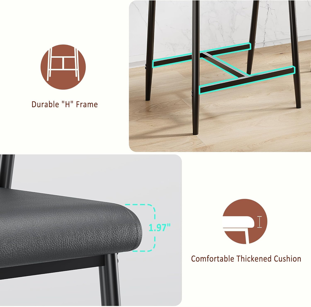 26'' Bar Stools Set of 4, Modern Counter Height Bar Stools with Arms & Backs, Kitchen Island Chairs, Leather Upholstered Barstools with Durable Rustic Black Metal Frame/Black Leather