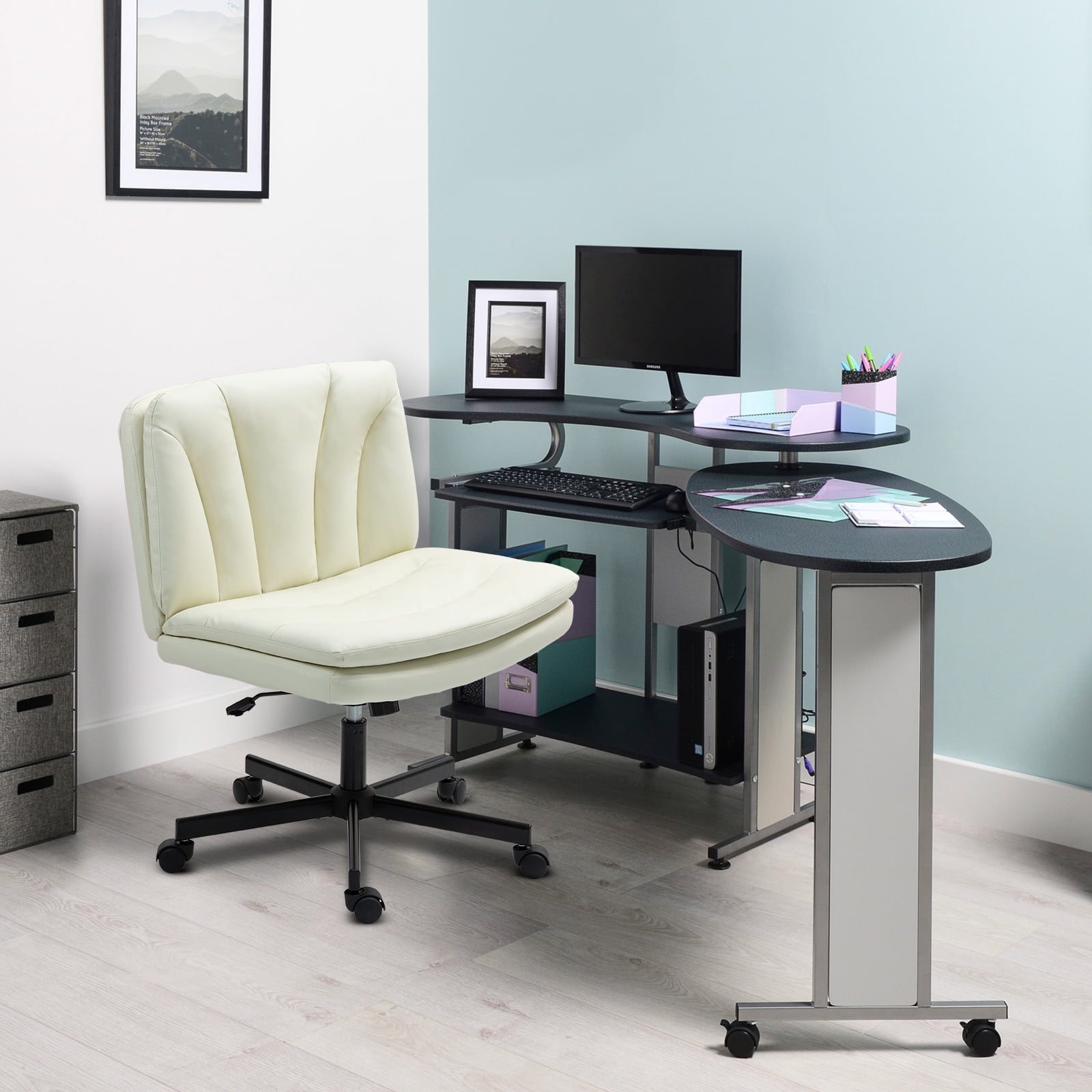 Criss Cross Legged Chair Ergonomic Home Office Desk Chair with Casters, Armless Wide Comfy Computer Task Seat Swivel Rolling Vanity Chair with Height Adjustable and Rocking Function, Beige