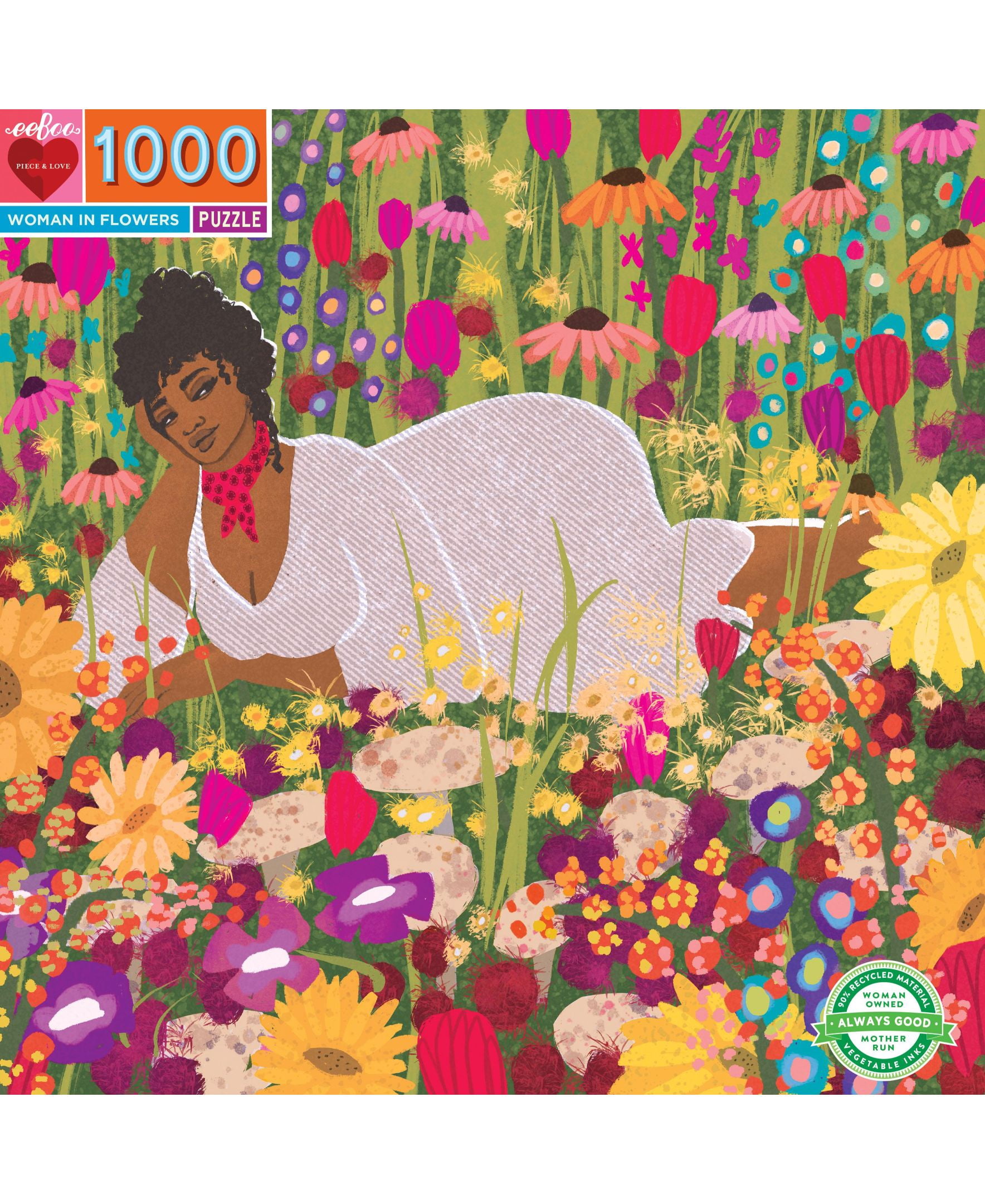 eeBoo Piece and Love Woman in Flowers 1000 Piece Square Jigsaw Puzzle, 23" x 23" square, Ages 14 and Up