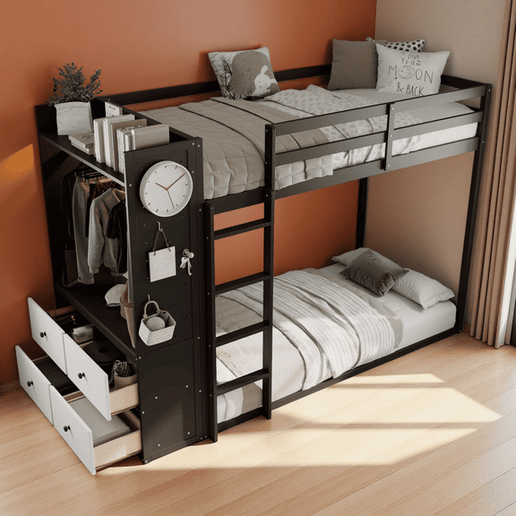 Twin Size Bunk Bed with 4 Storage Drawers, Hanging Rail, LED Light Strip, Built-in Shelves and Dual Pegboards, Space Saving Bed Frame, No Box Spring Needed,Black