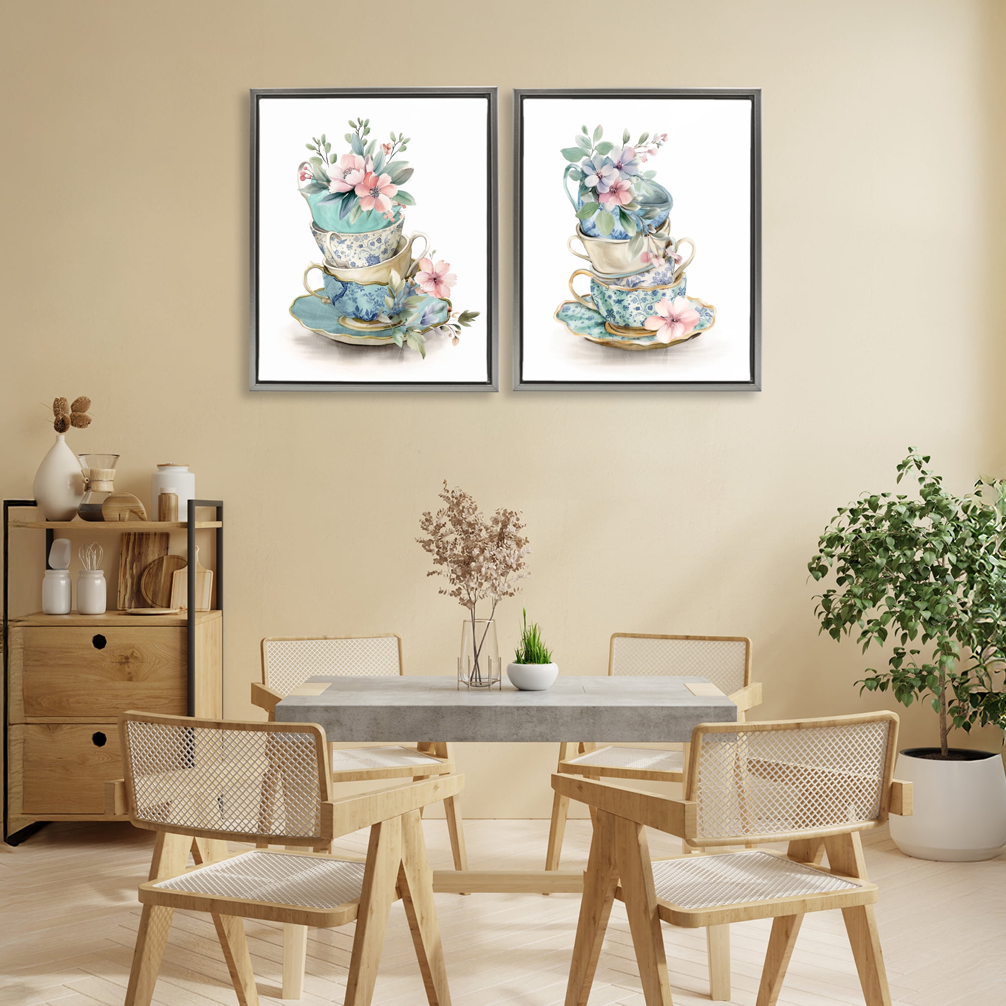 Stupell Industries Stacked Teacup Chinoiserie 2 Piece Gray Framed Floater Canvas Set, design by Kim Allen