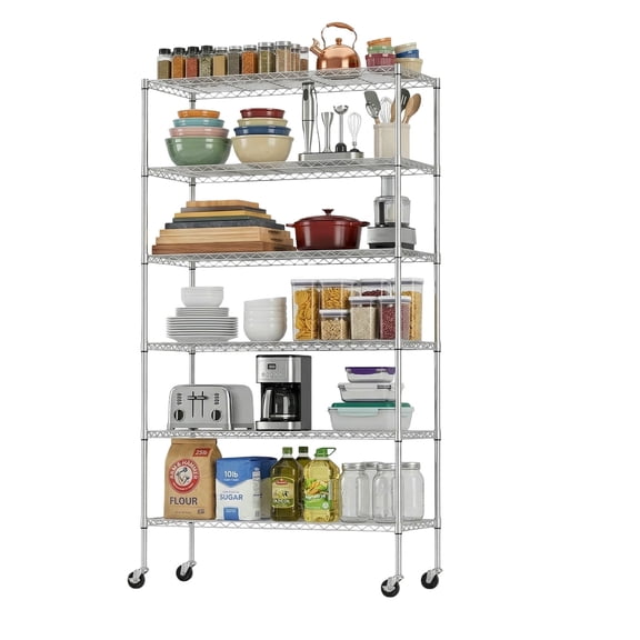 BestOffice 6 Tier Wire Shelving Unit with Wheels 2100LBS Capacity-18x45x82, Chrome