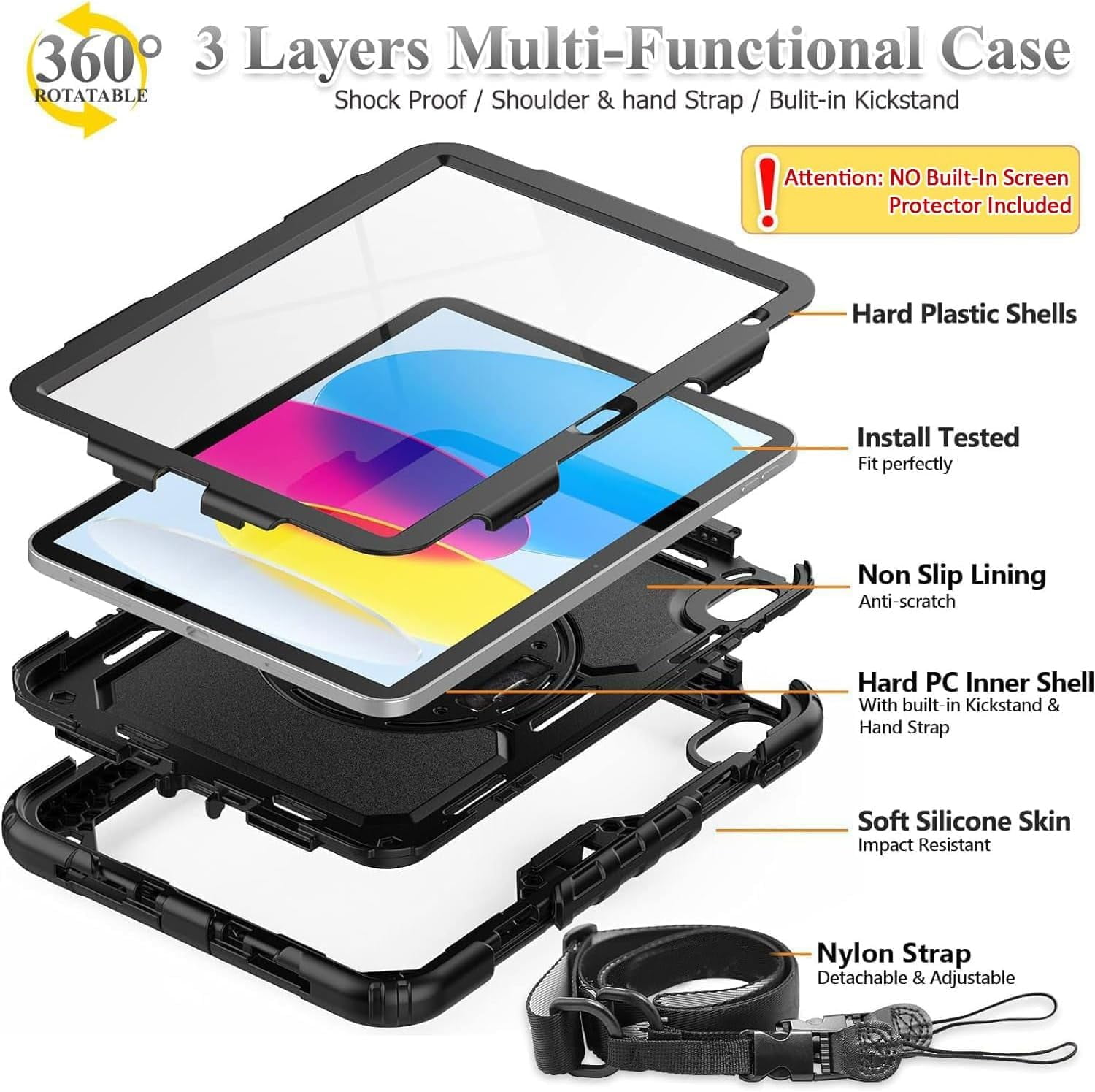 BMOUO Case for iPad (A16) 11th Generation 11" 2025/iPad 10th Generation 10.9 inch 2022, 360 Rotating Stand & Pencil Holder & Hand & Shoulder Strap Shockproof iPad 11th/10th Generation Case, Black