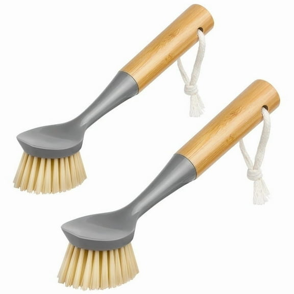 Dish Brush with Bamboo Handle Built-in Scraper, Scrub Brush for Pans, Pots, Kitchen Sink Cleaning, Pack of 2