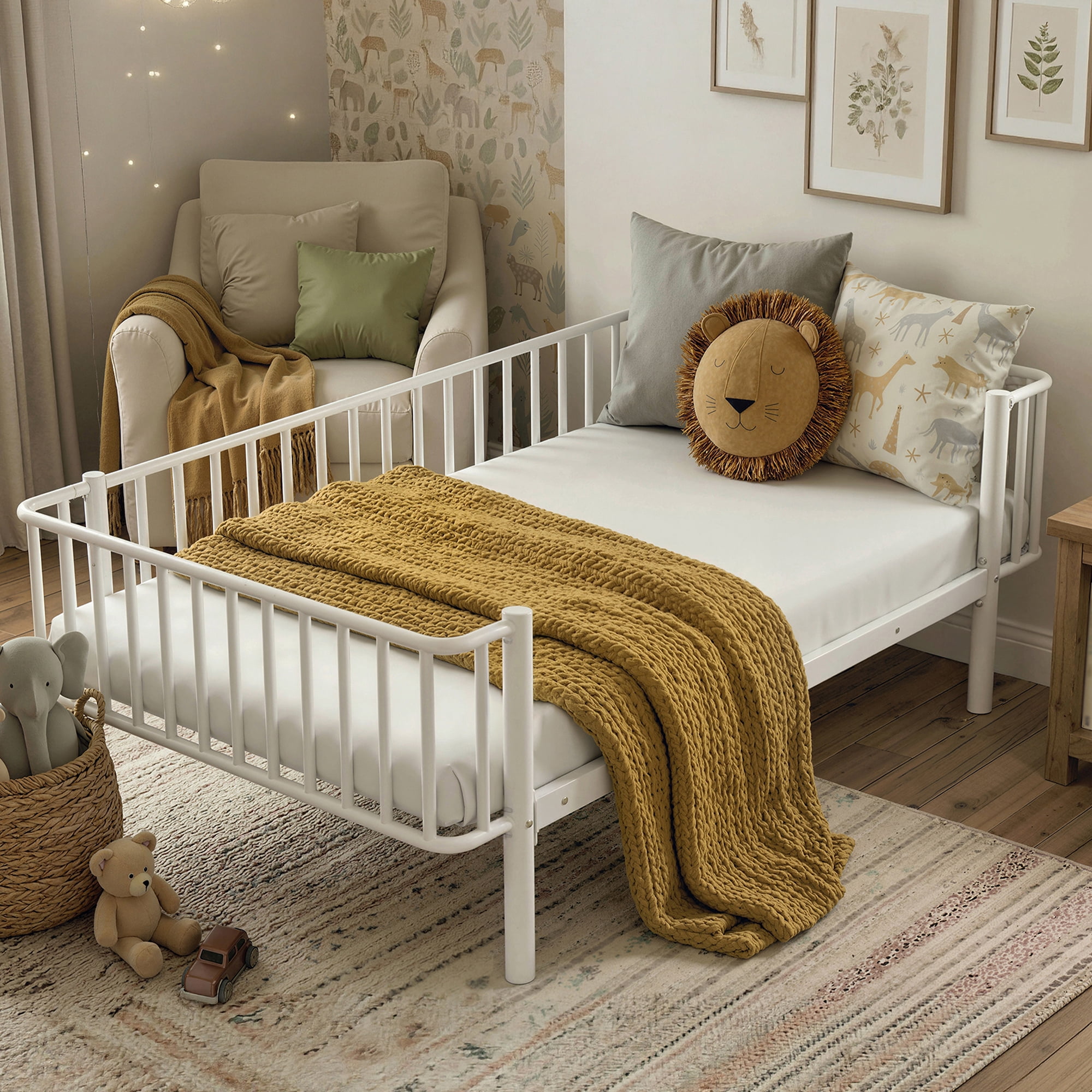 Euroco Metal Twin Size Daybed, Sturdy Metal Sofa Bed with Guardrails, No Box Spring Needed, White