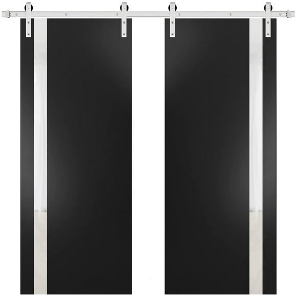 Sturdy Double Barn Door with | Planum 0040 Matte Black with White Glass | 13FT Rail Hangers Heavy Set | Solid Panel Interior Doors-36" x 96" (2* 18x96)-Silver Rail