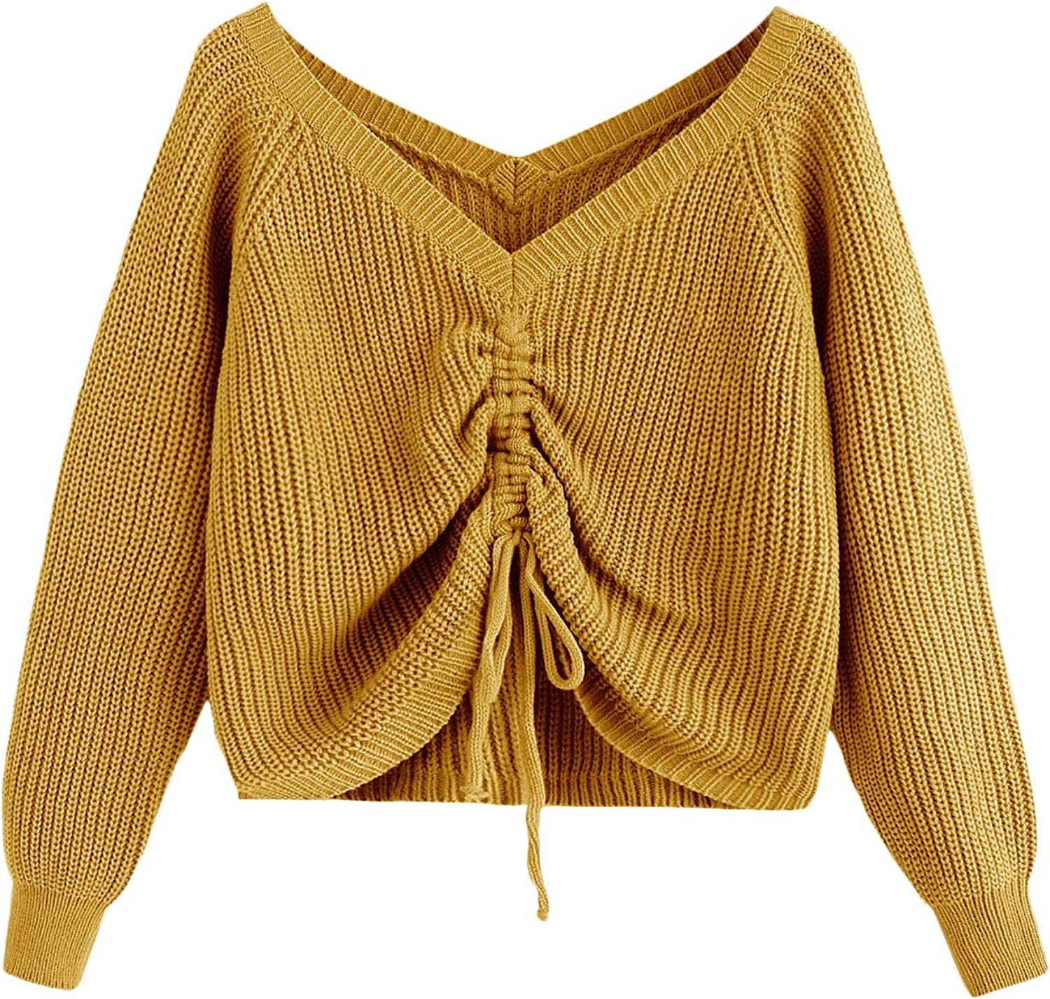 Casual Drawstring Front Sweater V Neck 