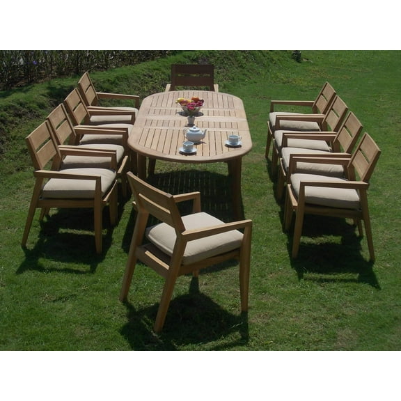 Teak Dining Set:6 Seater 7 Pc - Large 118" Oval Table And 6 Vellore Stacking Arm Chairs Outdoor Patio Grade-A Teak Wood WholesaleTeak #WMDSVLf