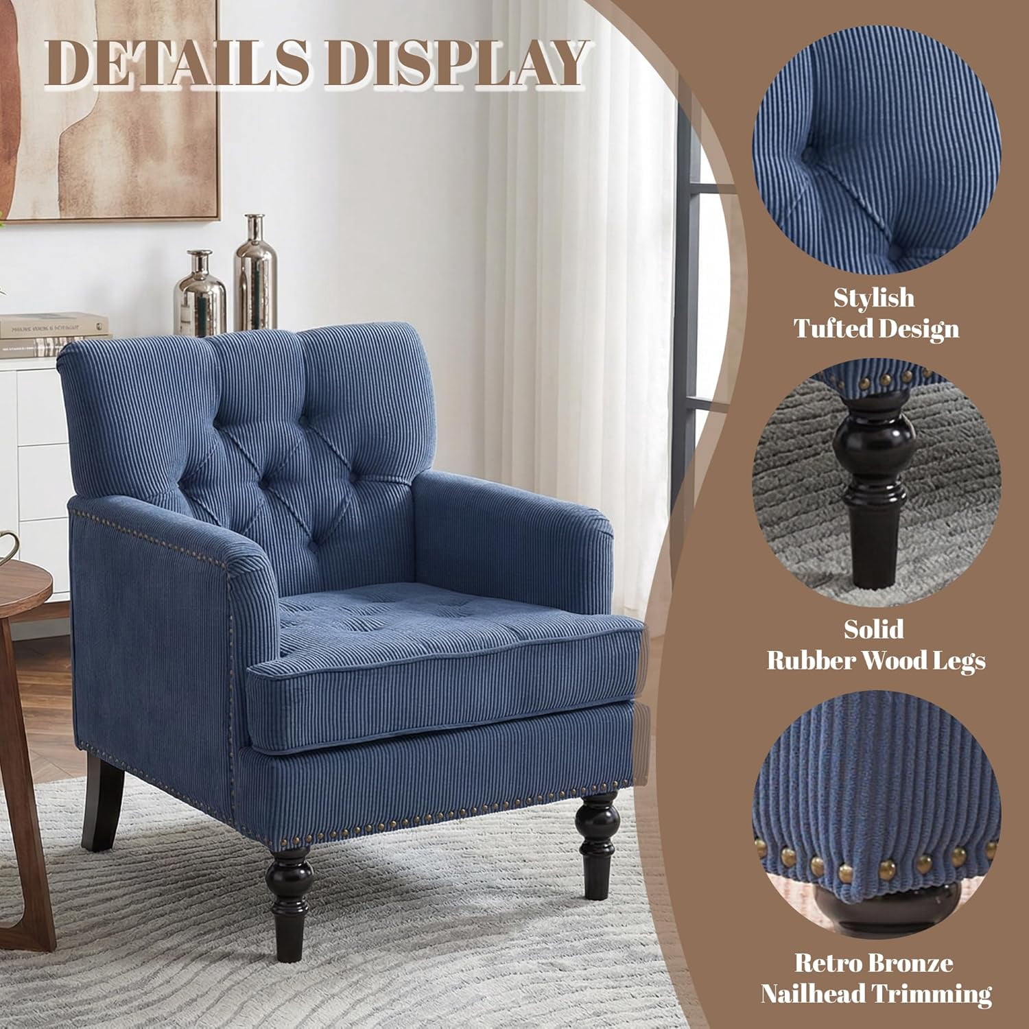 MOONMISS 26.4" Wide Accent Chair,tufted Club Chair With Linen Fabric,upholstered Button Armchair For Bedroom, Living Room,Blue