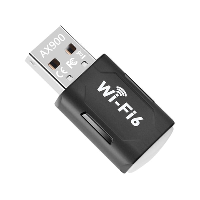 900Mbps WiFi 6 USB Adapter AX900 2.4G 5G Dual Band USB Dongle in black plastic. Features dual-frequency 2.4G-5G concurrency, MIMO multi-device connection, and a high-speed 900Mbps transmission rate. Compact design with Wi-Fi 6 branding on the body.