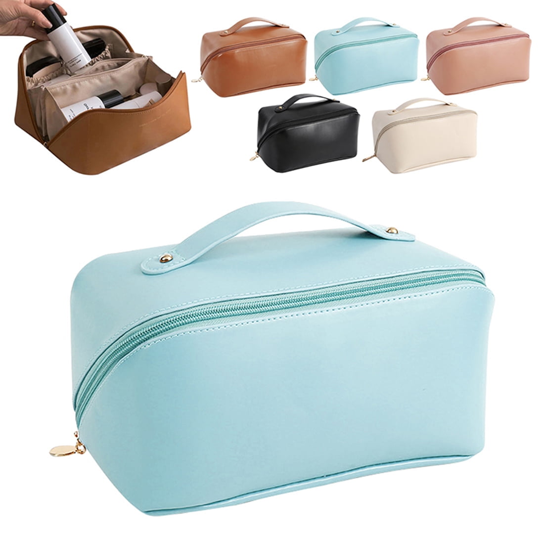 Large Capacity Travel Cosmetic Bag, Multifunctional Storage Makeup Bag PU Leather Makeup Bag with Handle and Divider Travel Cosmetic Bag for Women Bathroom Organizer Toiletry Bag(White)