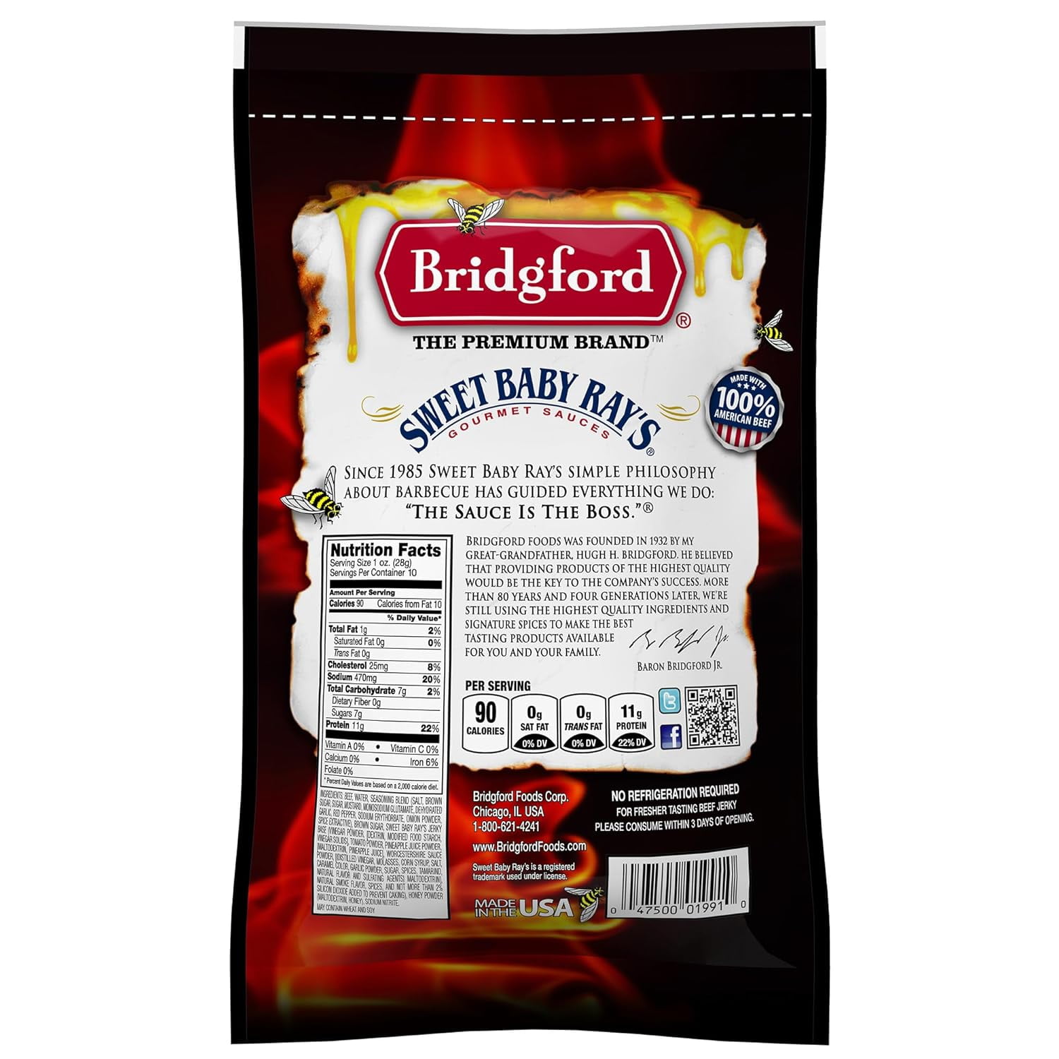 Bridgford Sweet Baby Ray’s Beef Jerky Honey BBQ 10 oz Pack of 6