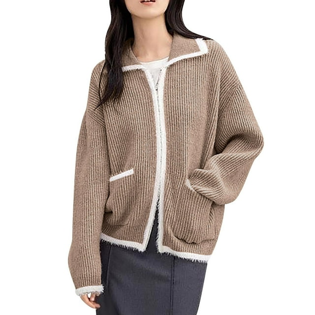 Women's Zip up Cardigan Sweaters, Lapel Fall Trendy Double Zipper Soft Knit Sweater Coats with Pockets Coffee One Size