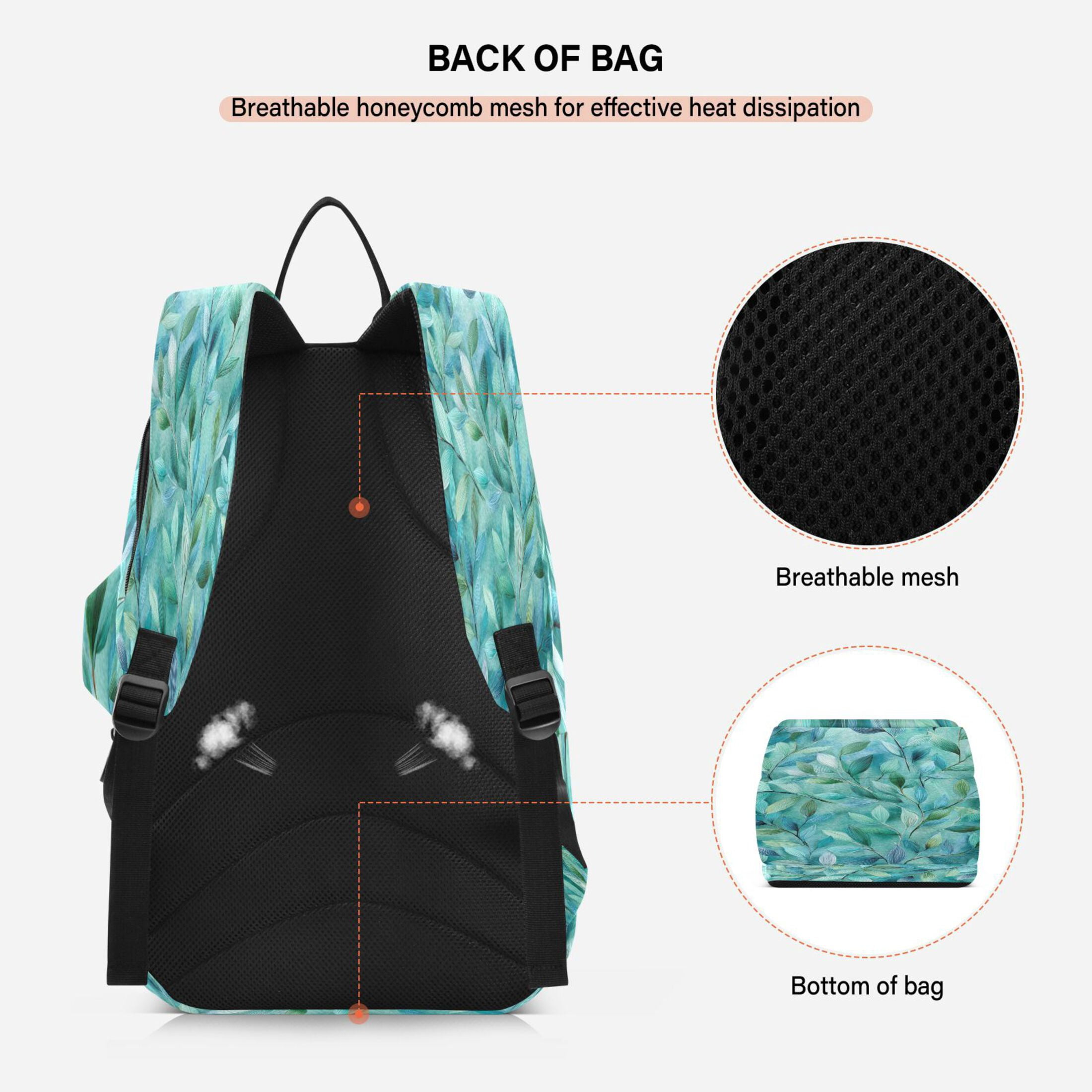 2 Racquet Holder Tennis Backpack Tennis Racket Covers Gym Bags Teal Leaves and Vines
