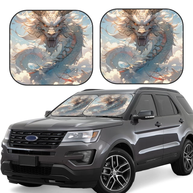 Balery Cool Cloud White Dragon Parasol para parabrisas de coche de 2 piezas | Parasol plegable para parabrisas delantero de coche para la mayoría de sedanes-Large