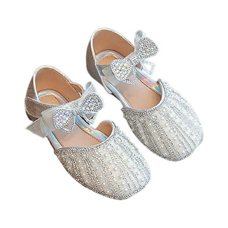 

Entyinea Girls Sandals Closed Toe Low Heels Ankle Strap Pumps for Toddler Little Big Kid Flower Party Wedding Princess Silver 1