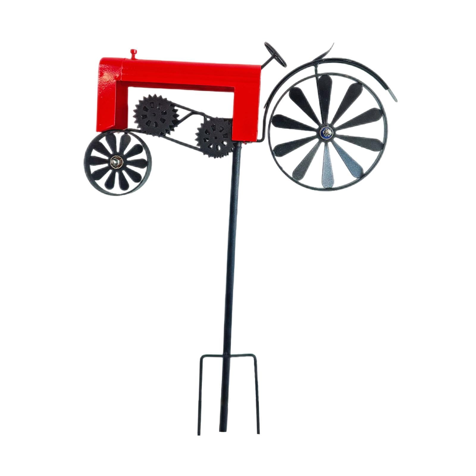 koolsoo Garden Tractor Windmill Ornament Iron Art Sculpture Vintage Tractor Wind Garden Stake for Home Yard Indoor Patio Path red