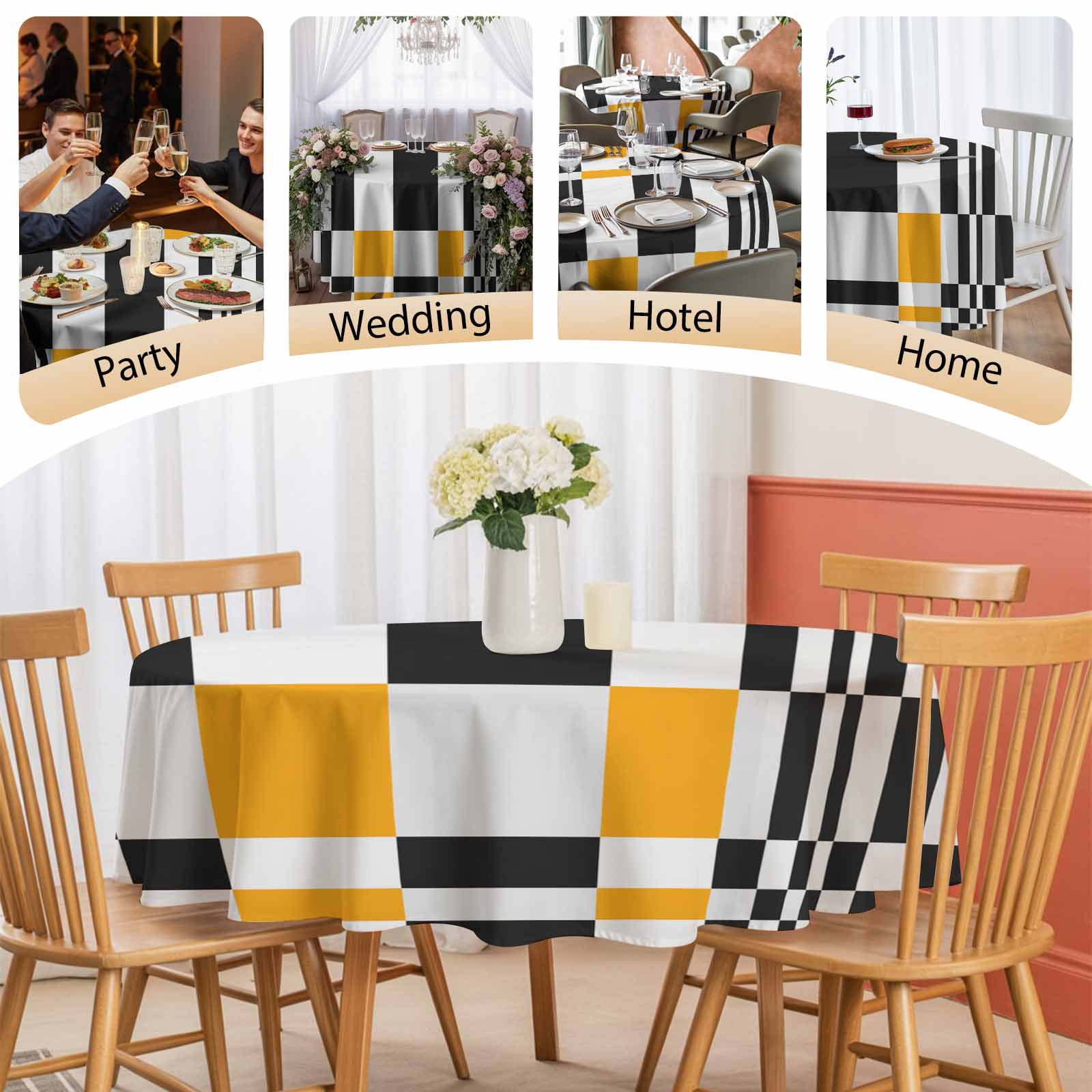 Round Tablecloth Yellow Black Squares Waterproof Oil Proof Polyester Table Cloth Cover Decor for Home Dining Outdoor,Patio,Parties, 54" Dia. Abstract Geometric Art