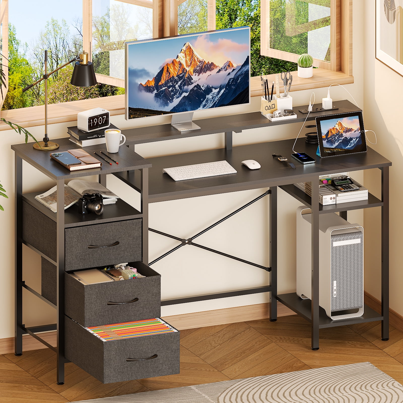 Ktaxon L-Shape Computer Desk with Charging Station 47 Inch Gaming Desk Concer PC Laptop Table with Drawers & Storage Shelves Workstation, Black